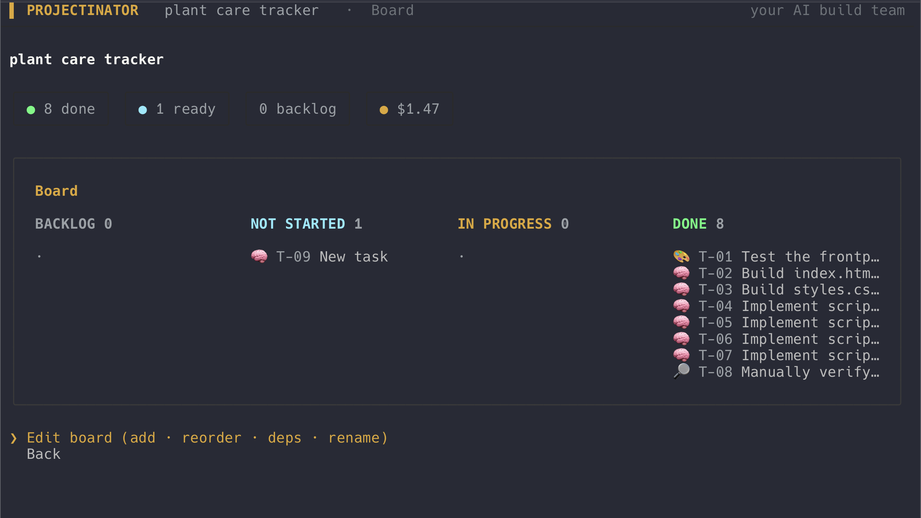 Projectinator terminal showing an AI development team and Scrum board