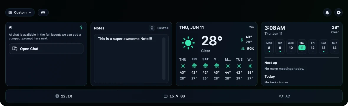 TopDeck dashboard with AI chat, notes, weather, and calendar widgets